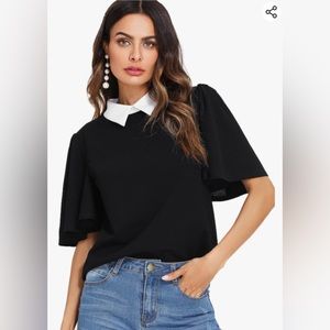 Business casual collared short sleeved blouse with keyhole button back.